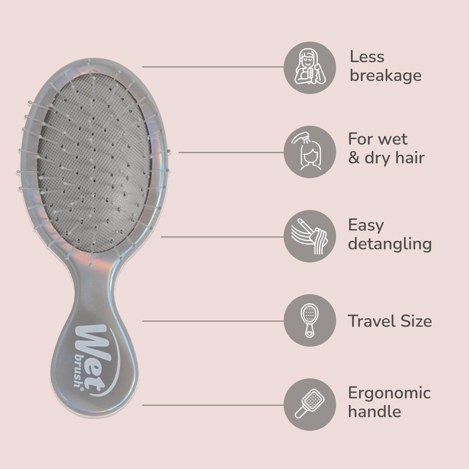 Wet Brush Mini Detangler detangles on wet hair with smooth, gentle action.