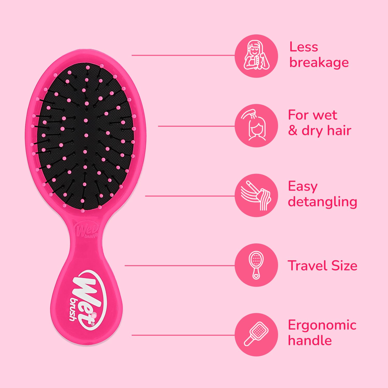 Wet Brush Mini Detangler pink detangles dry hair smoothly.