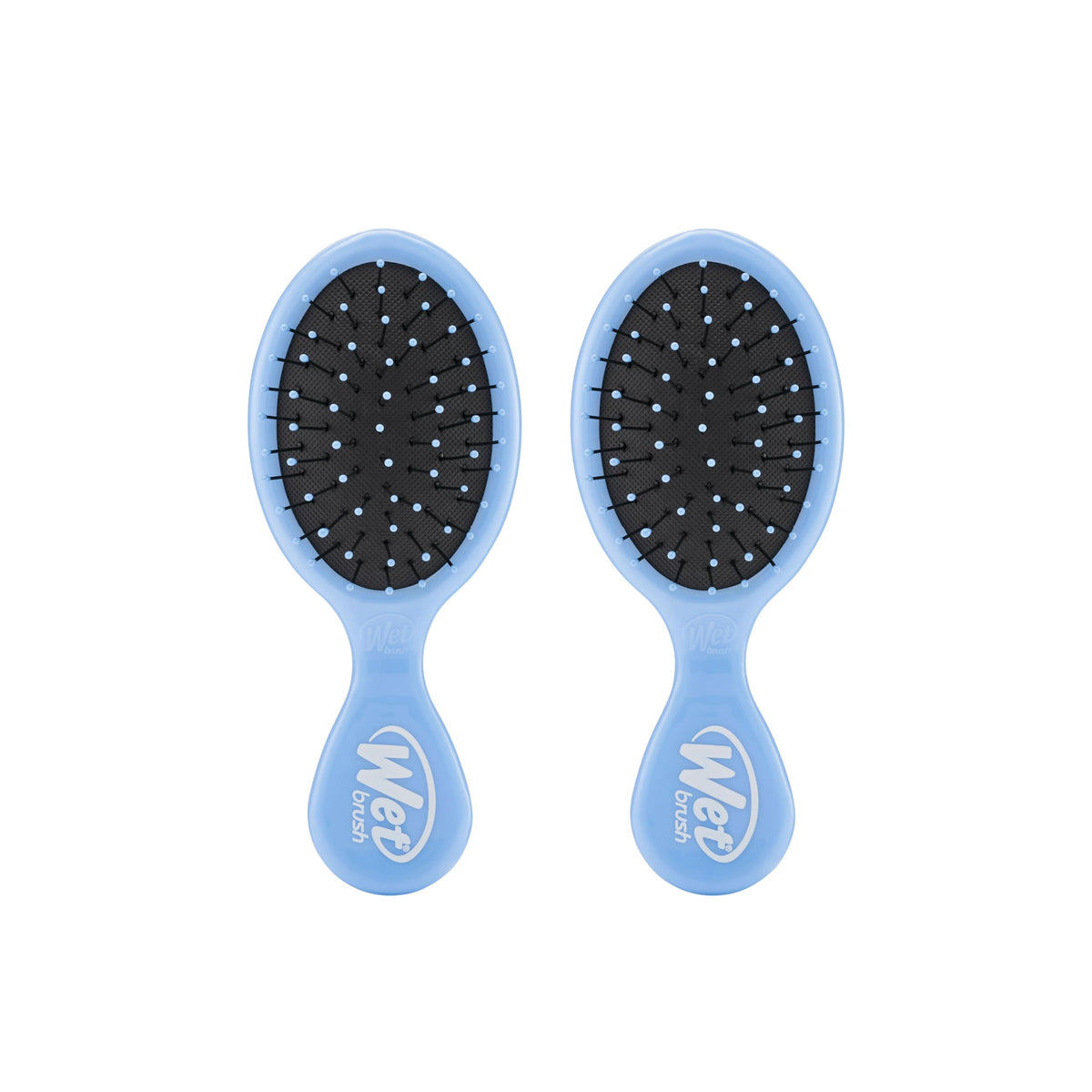 Wet Brush Mini Detangler in Sky front view with flexible bristles gliding through hair