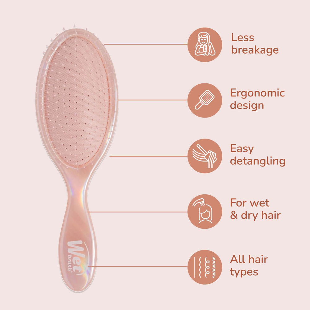 Wet Brush Original Detangler on hair demonstrates knot release with minimal tug.