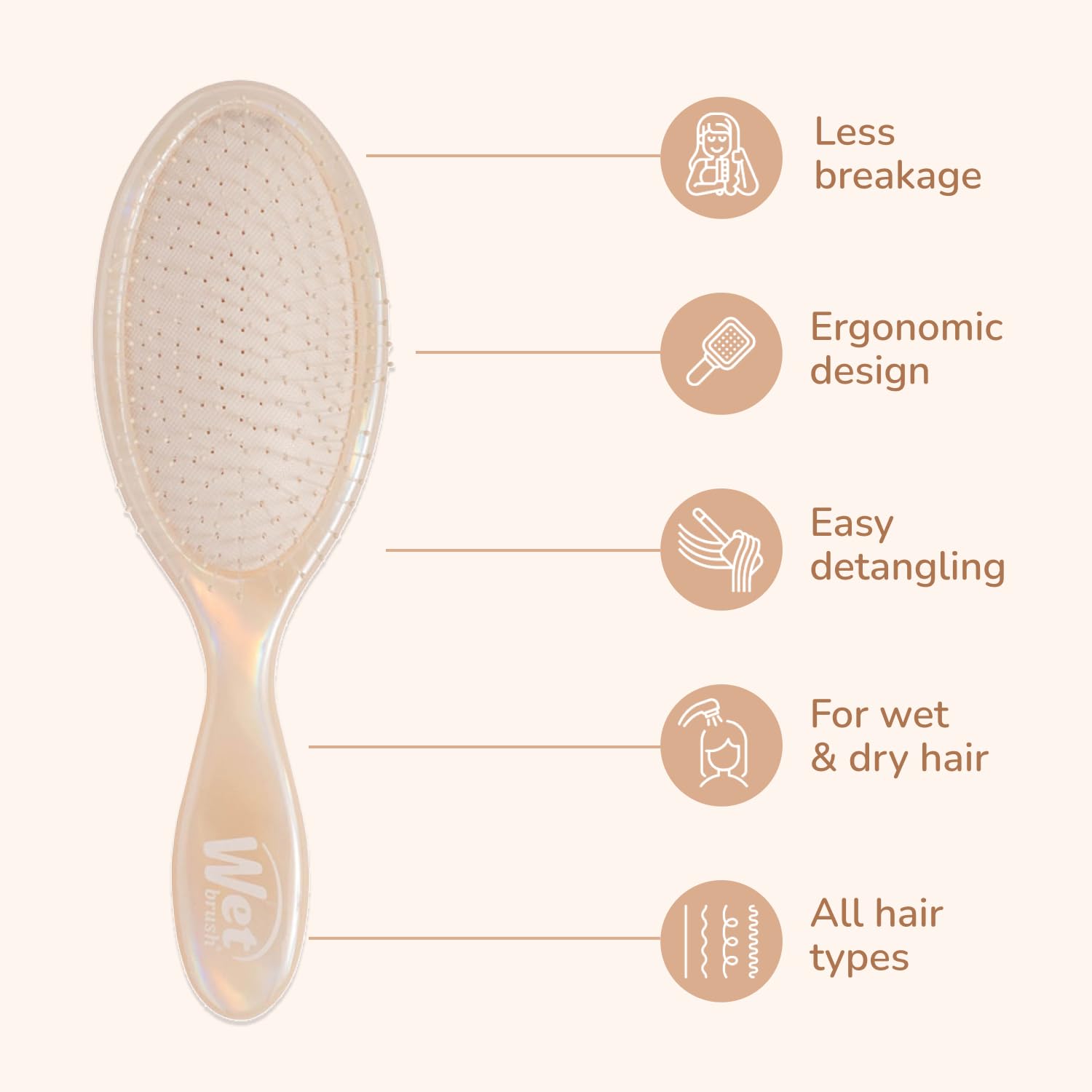 Wet Brush Original Detangler cream iridescence—bristles close-up show flexible IntelliFlex design