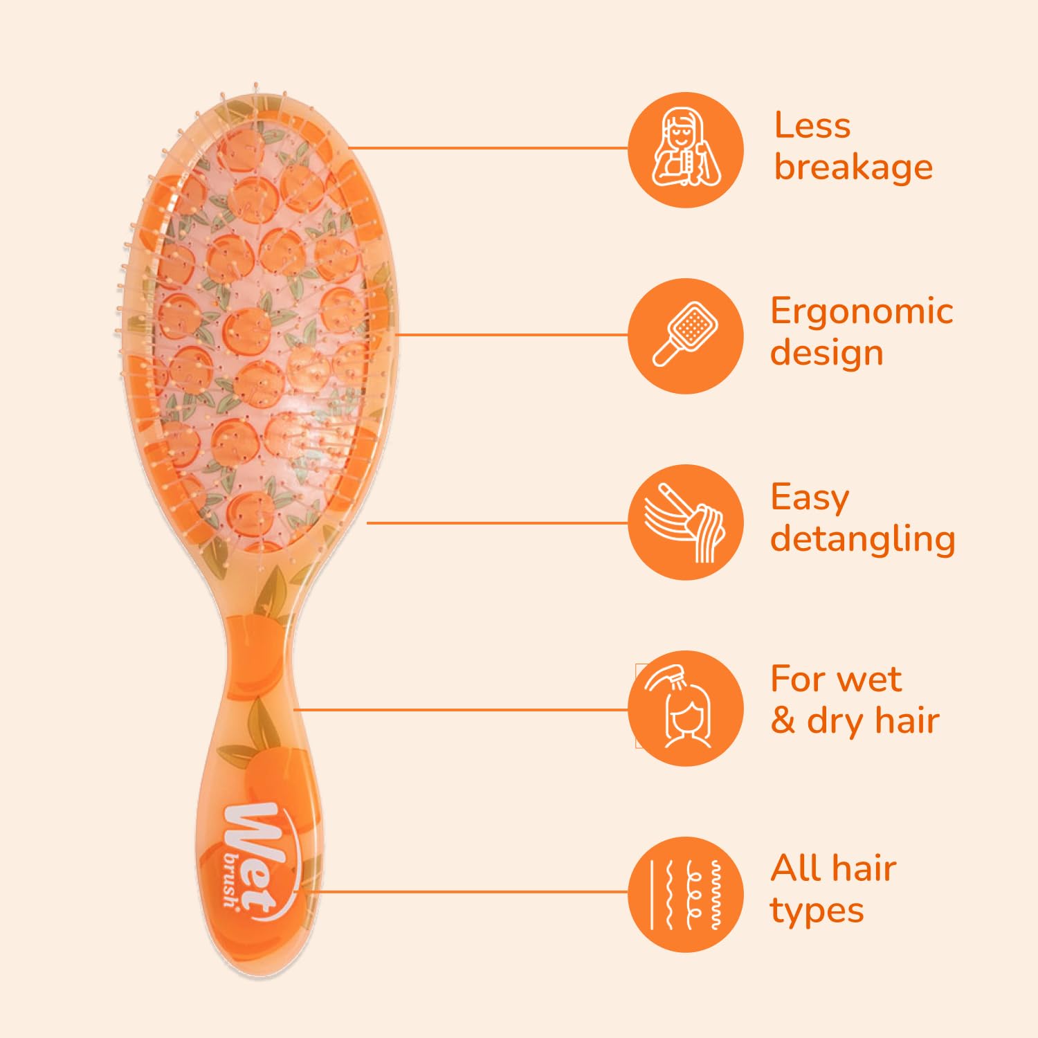 Wet Brush Original Detangler Peach Tutti Frutti ergonomic handle for comfy grip.