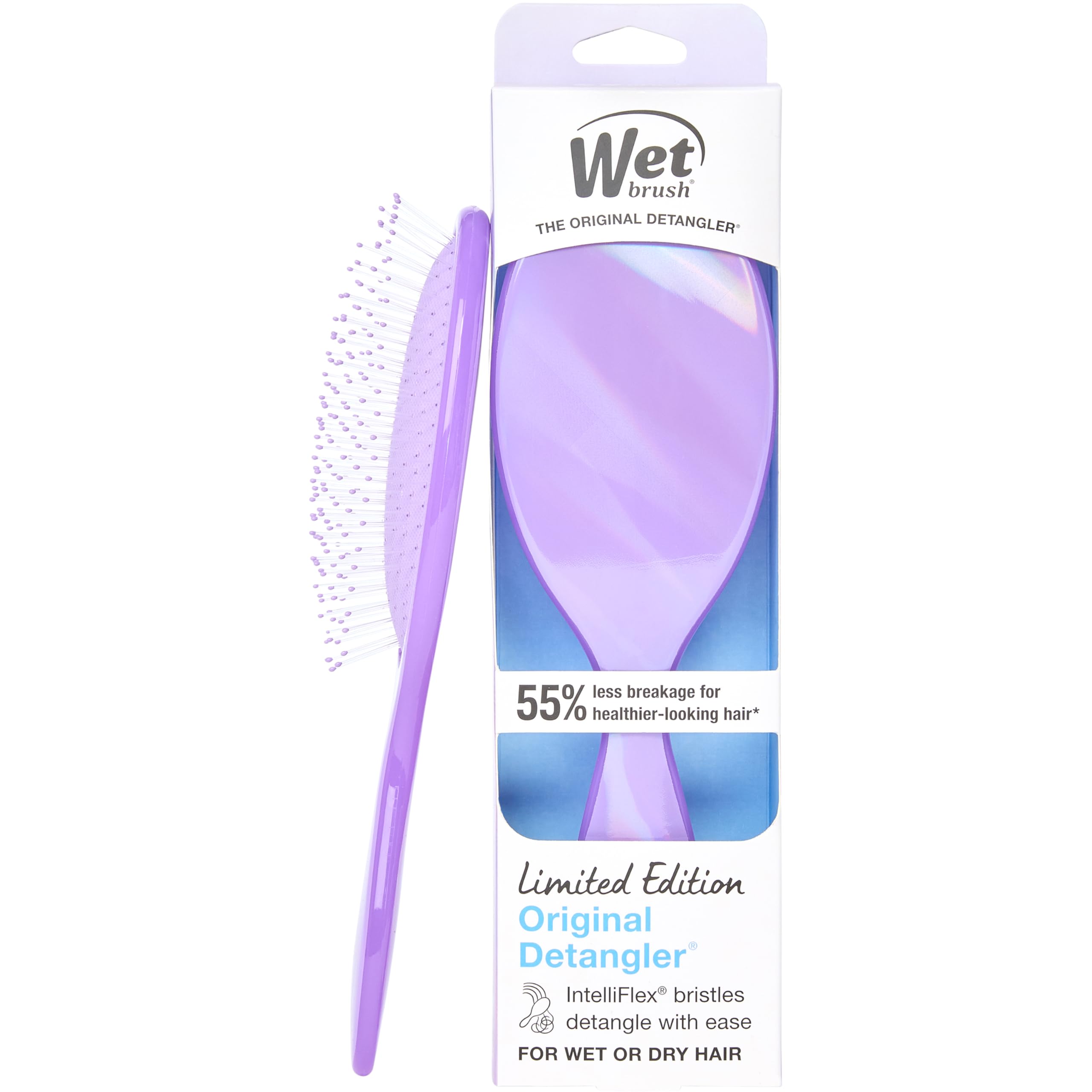Wet Brush Original Detangler in prismatic purple bottle helps tame knots on wet or dry hair.