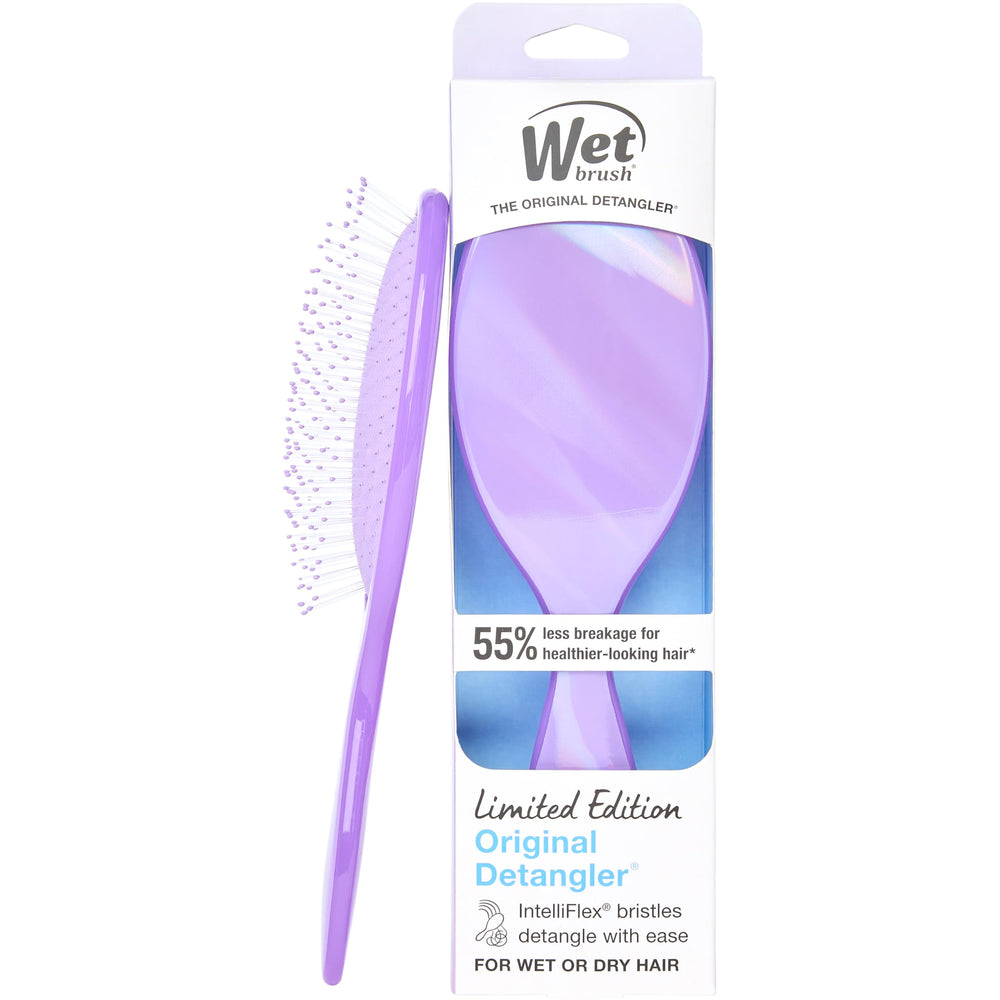 Wet Brush Original Detangler in prismatic purple bottle helps tame knots on wet or dry hair.