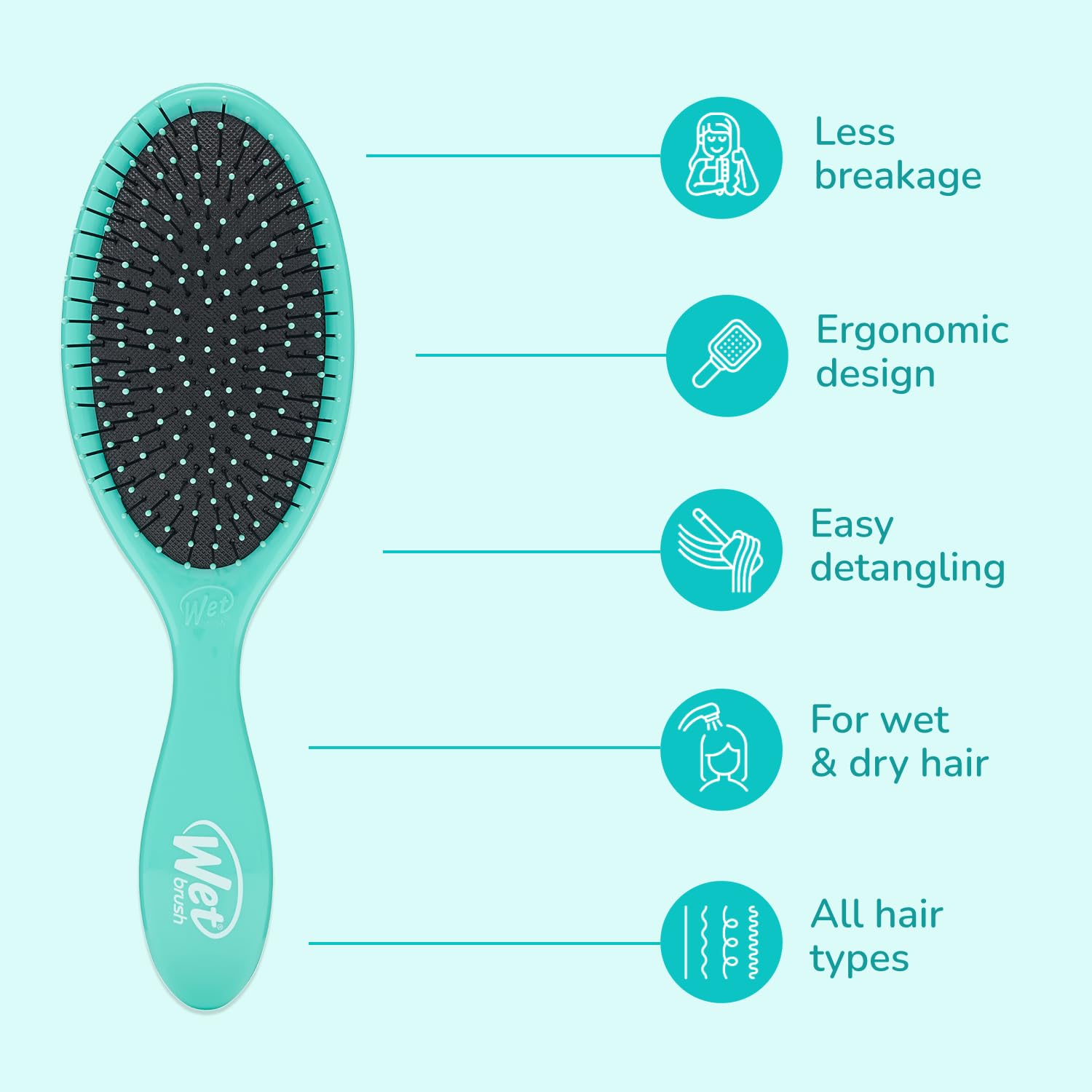 Wet Brush detangler in wet hair scenario supports gentle, pain-free detangling.