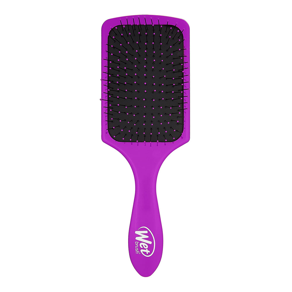 Wet Brush Paddle Detangler purple front view gliding through tangles for gentle detangling.