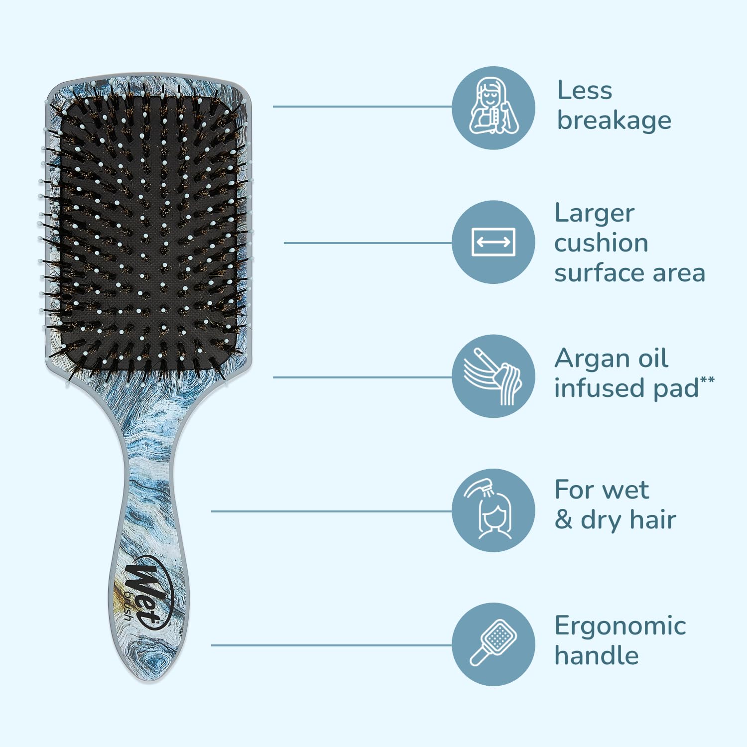 Wet Brush Paddle Shine boar bristles distribute oils for natural shine