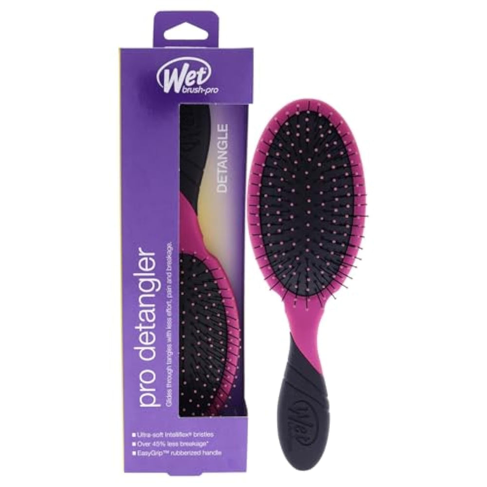 Wet Brush Pro Detangler Pink front view with IntelliFlex bristles detangling wet hair for smoother results