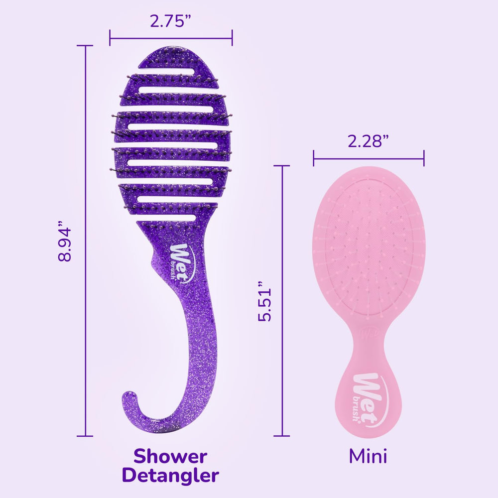 Wet Brush purple glitter packaging on a sleek bathroom counter.