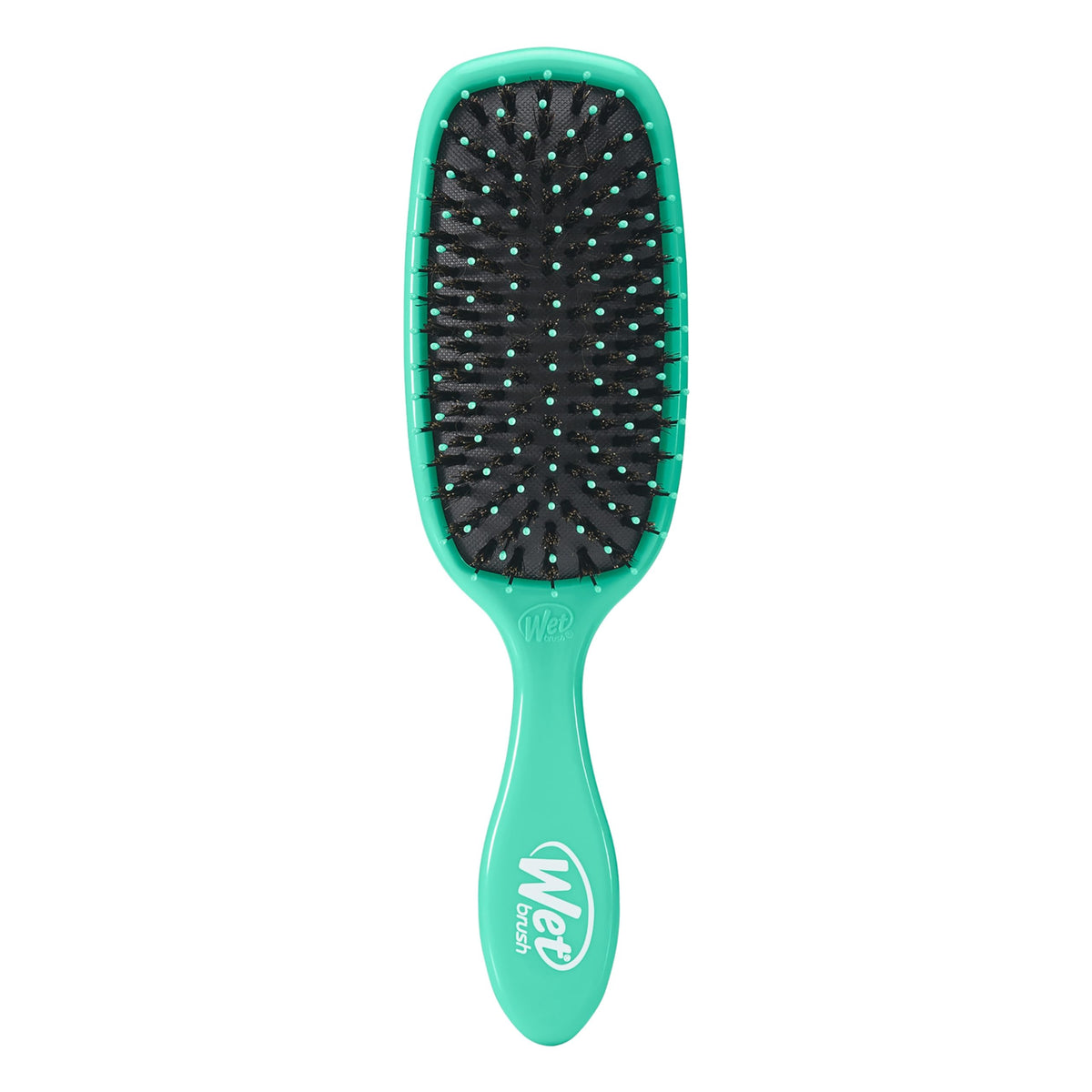 Wet Brush Shine Enhancer Aqua bottle close-up showing IntelliFlex detangling for smooth shine.