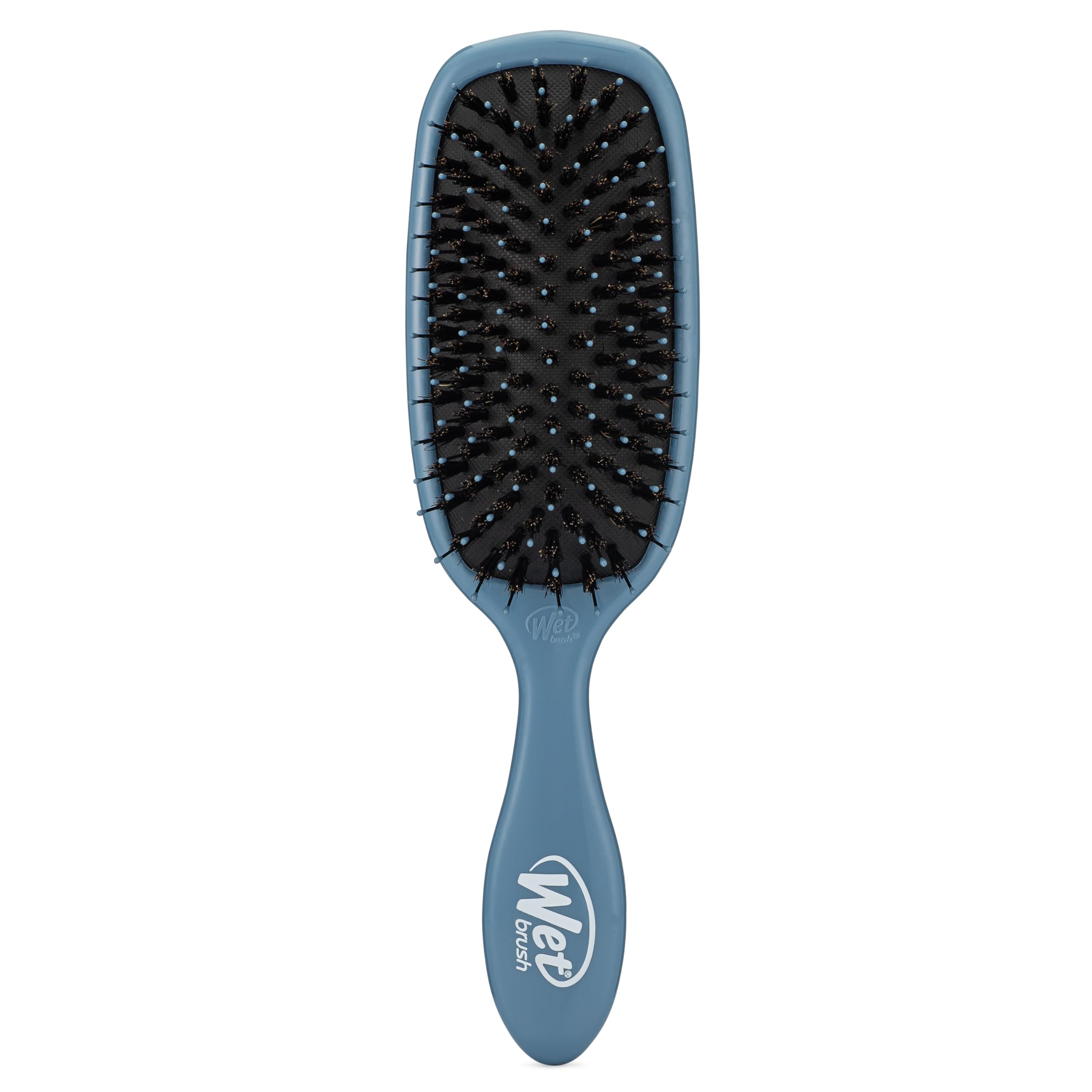Wet Brush Shine Enhancer blue bristles closeup showing gentle detangling and oil distribution