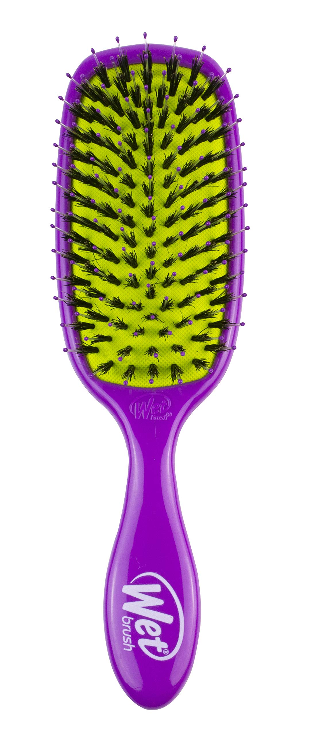 Wet Brush Shine Enhancer bottle in hand highlights its purple design and easy grip.