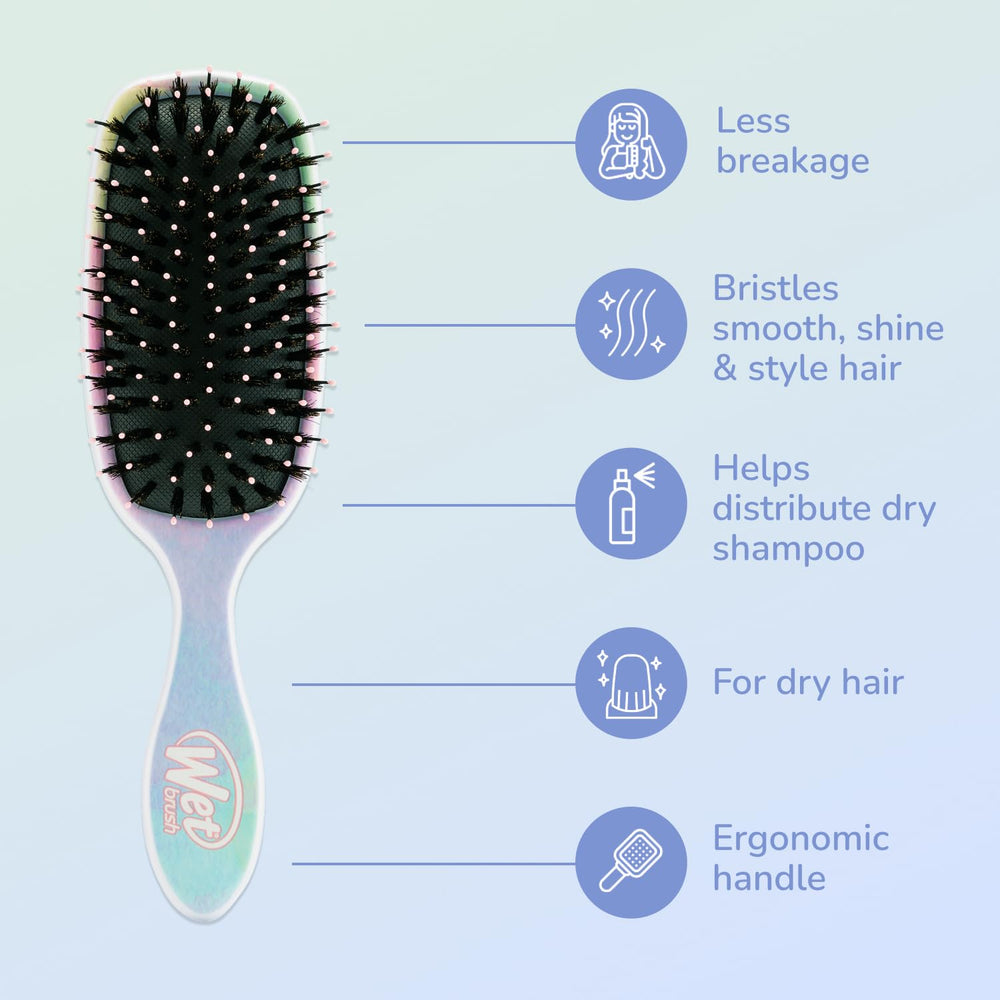 Wet Brush Shine Enhancer Stripes natural boar bristles distribute oils for a shiny finish.