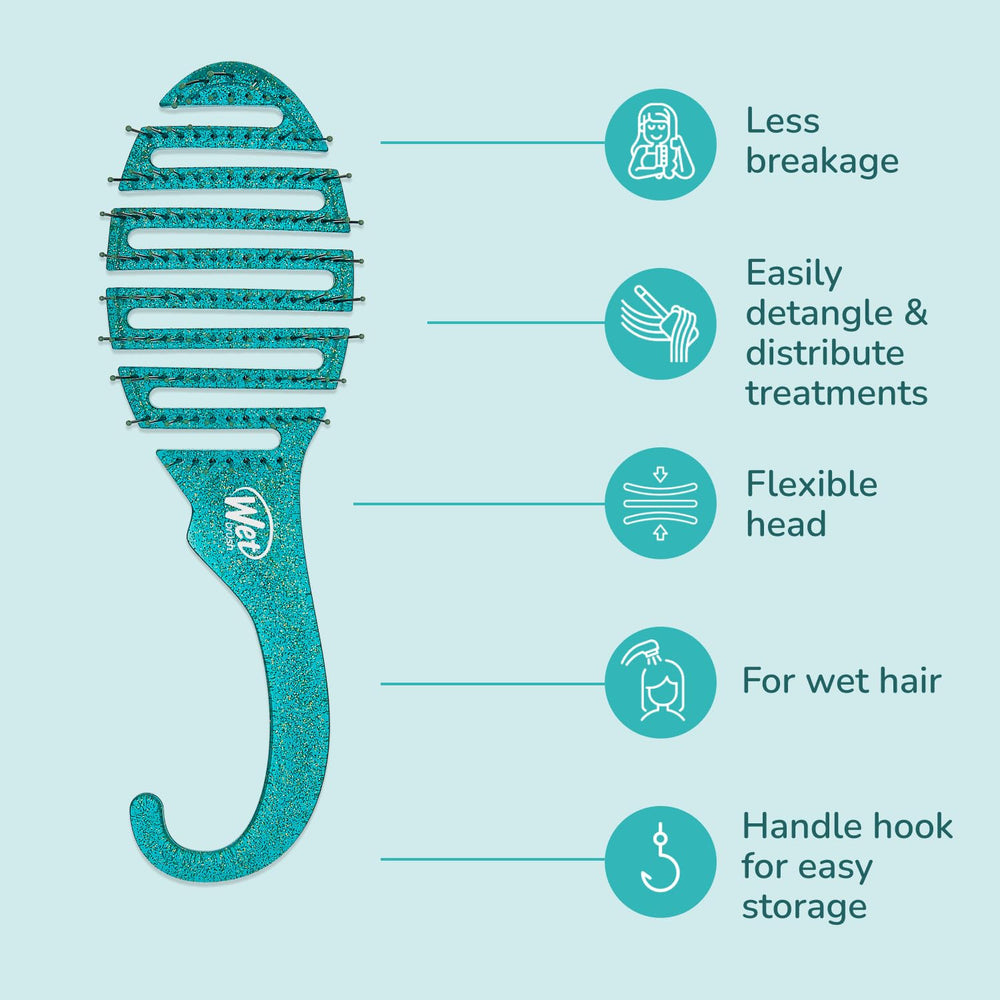 Wet Brush Shower Detangler hook handle keeps the brush within reach after showering.
