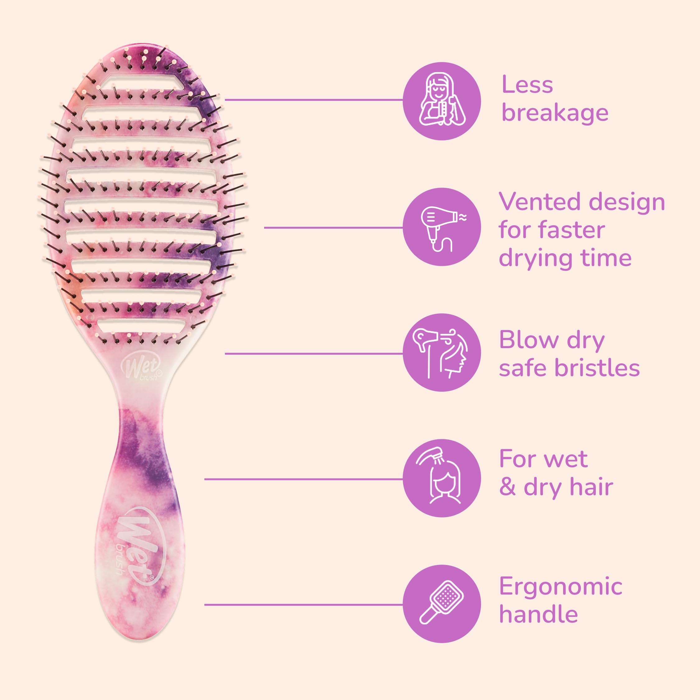 Wet Brush Speed Dry blow-dry safe hair close-up emphasizes snag-free detangling.