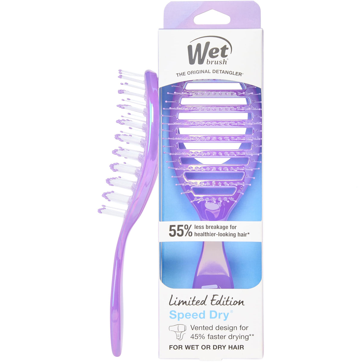Wet Brush Speed Dry close-up showing a prismatic glow badge for faster blow-drying.