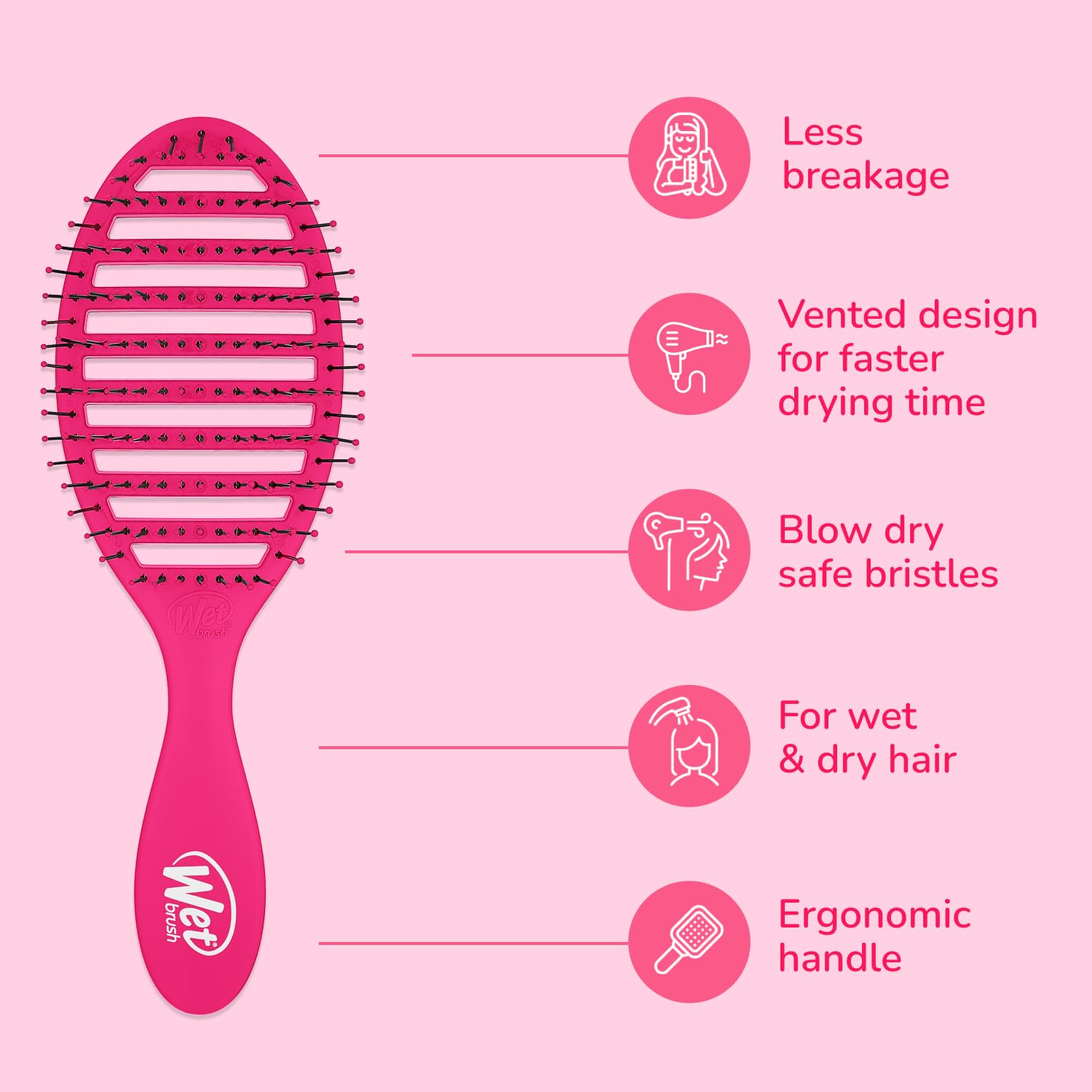 Wet Brush Speed Dry pink ergonomic handle offers a comfortable grip