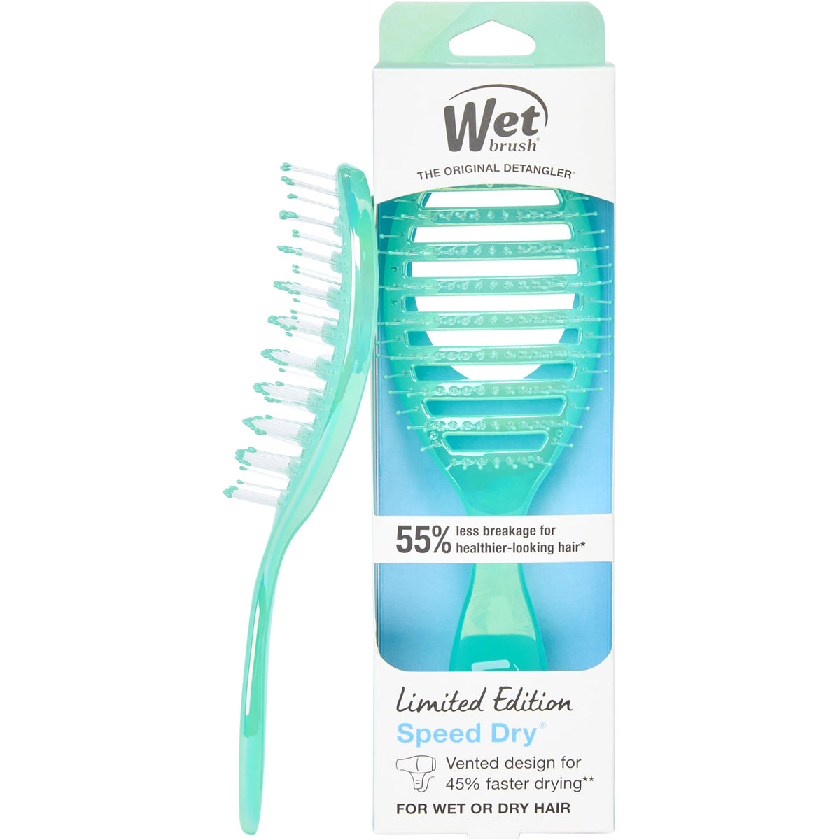 Wet Brush Speed Dry bottle closeup highlighting fast blow-drying and detangling benefits
