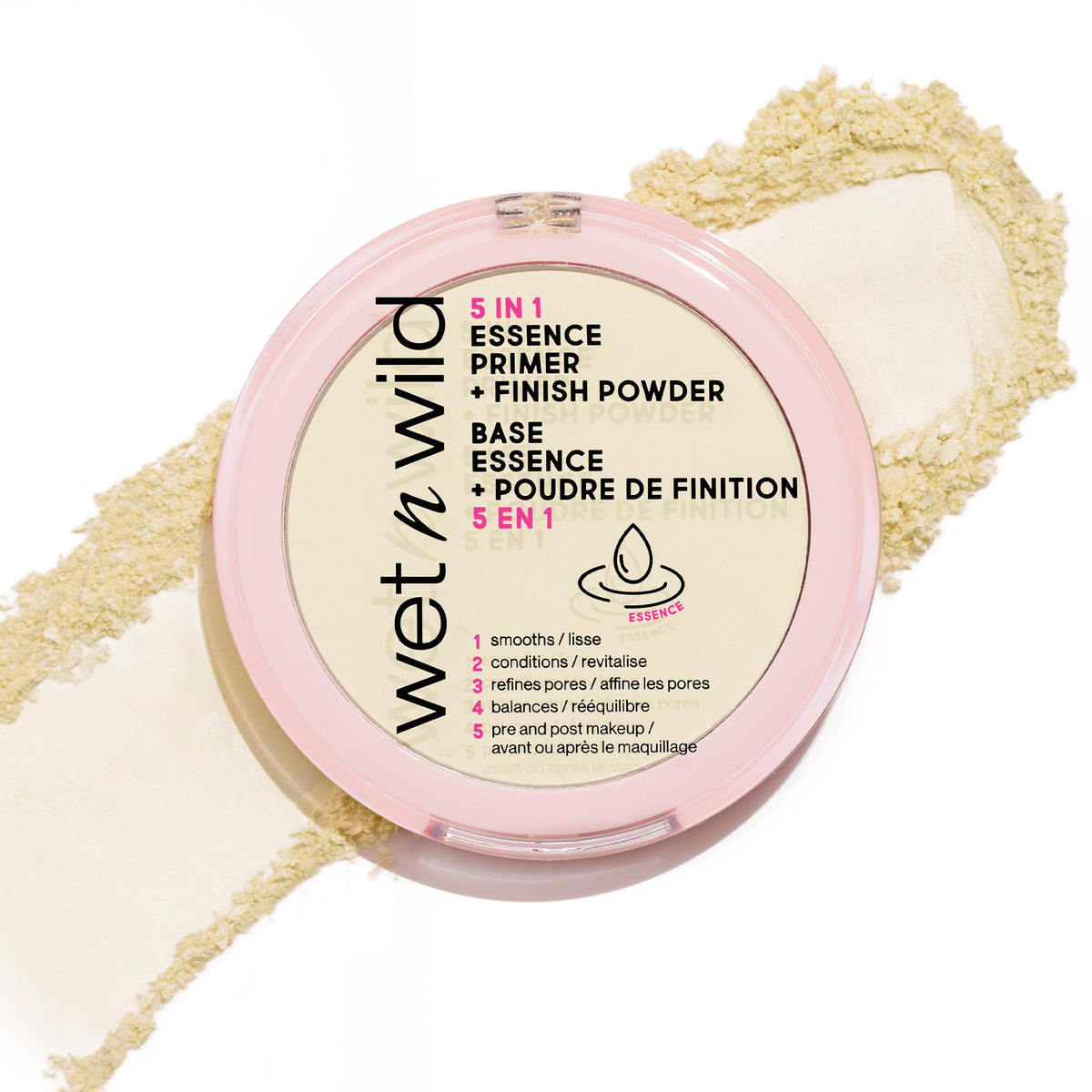 wet n wild 5-in-1 essence primer finish powder packaging highlights versatile prep