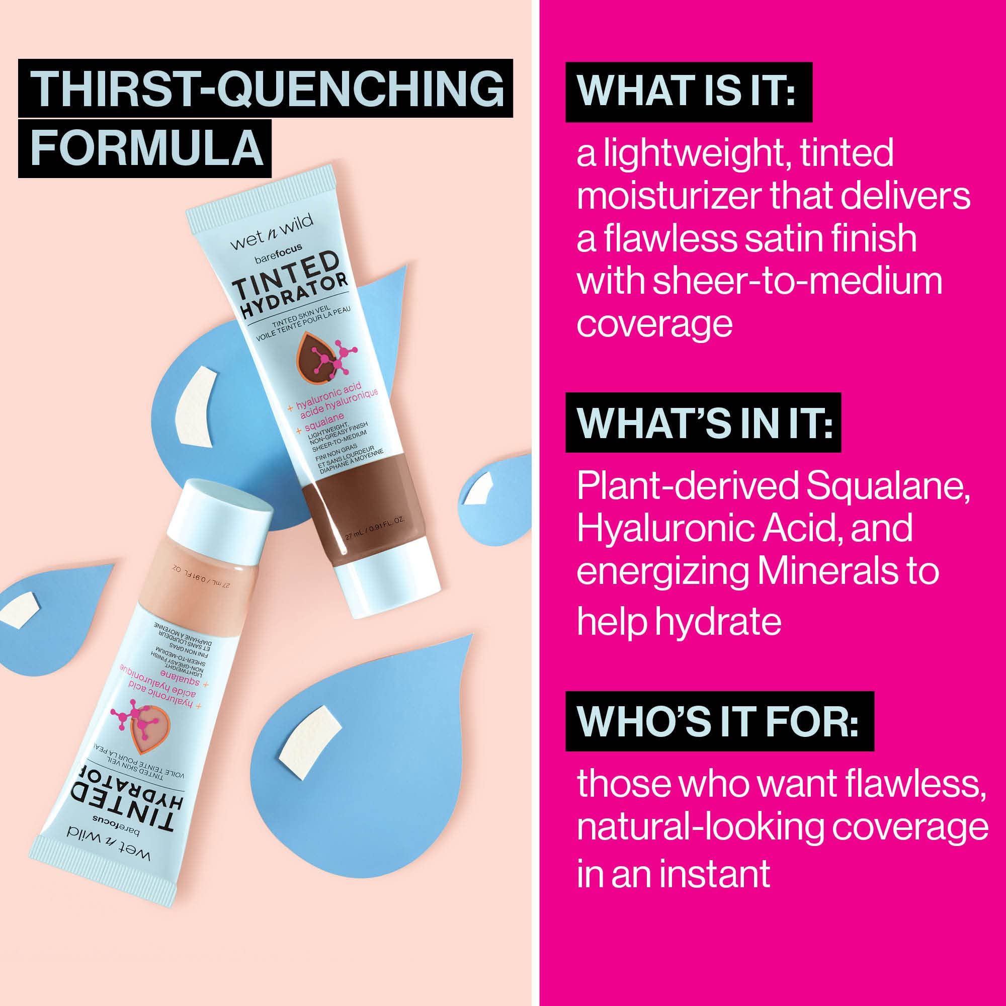 wet n wild Bare Focus Tinted Hydrator with hyaluronic acid for lasting hydration.