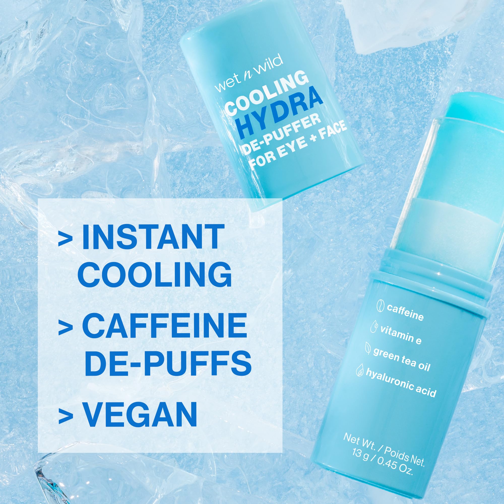 Wet n Wild highlights caffeine and vitamin E ingredients for skin awakening and hydration.