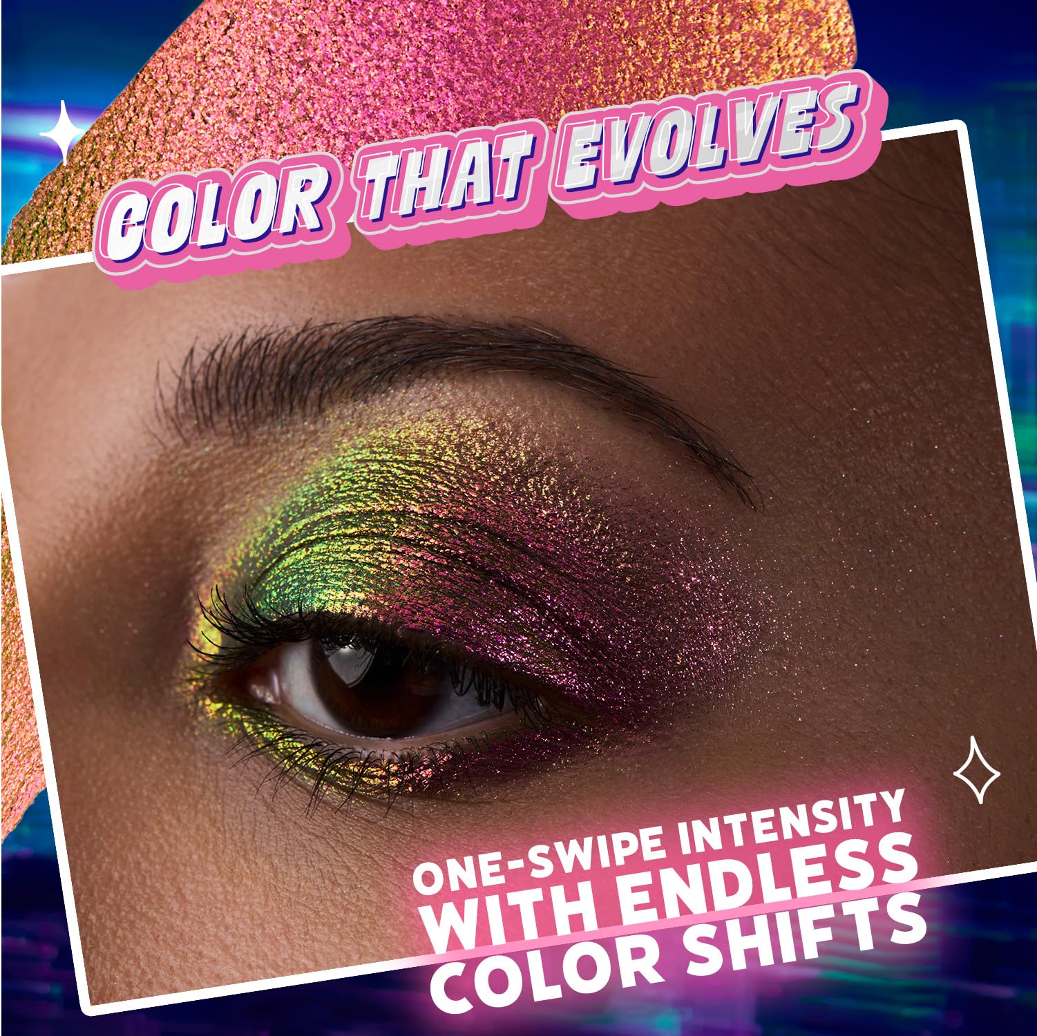 wet n wild Chameleon Chrome Nebula Rush application close-up highlights silky blendability for easy layering