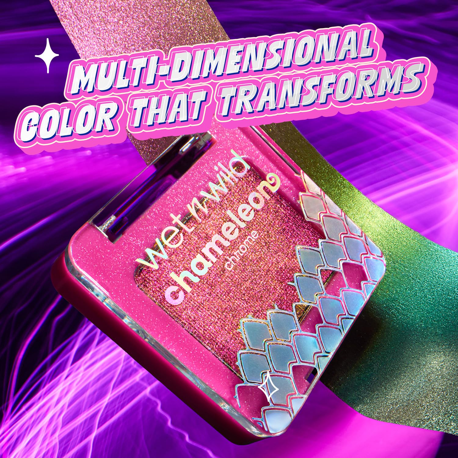 wet n wild Chameleon Chrome Nebula Rush swatch demonstrates multi-chrome shimmer on skin