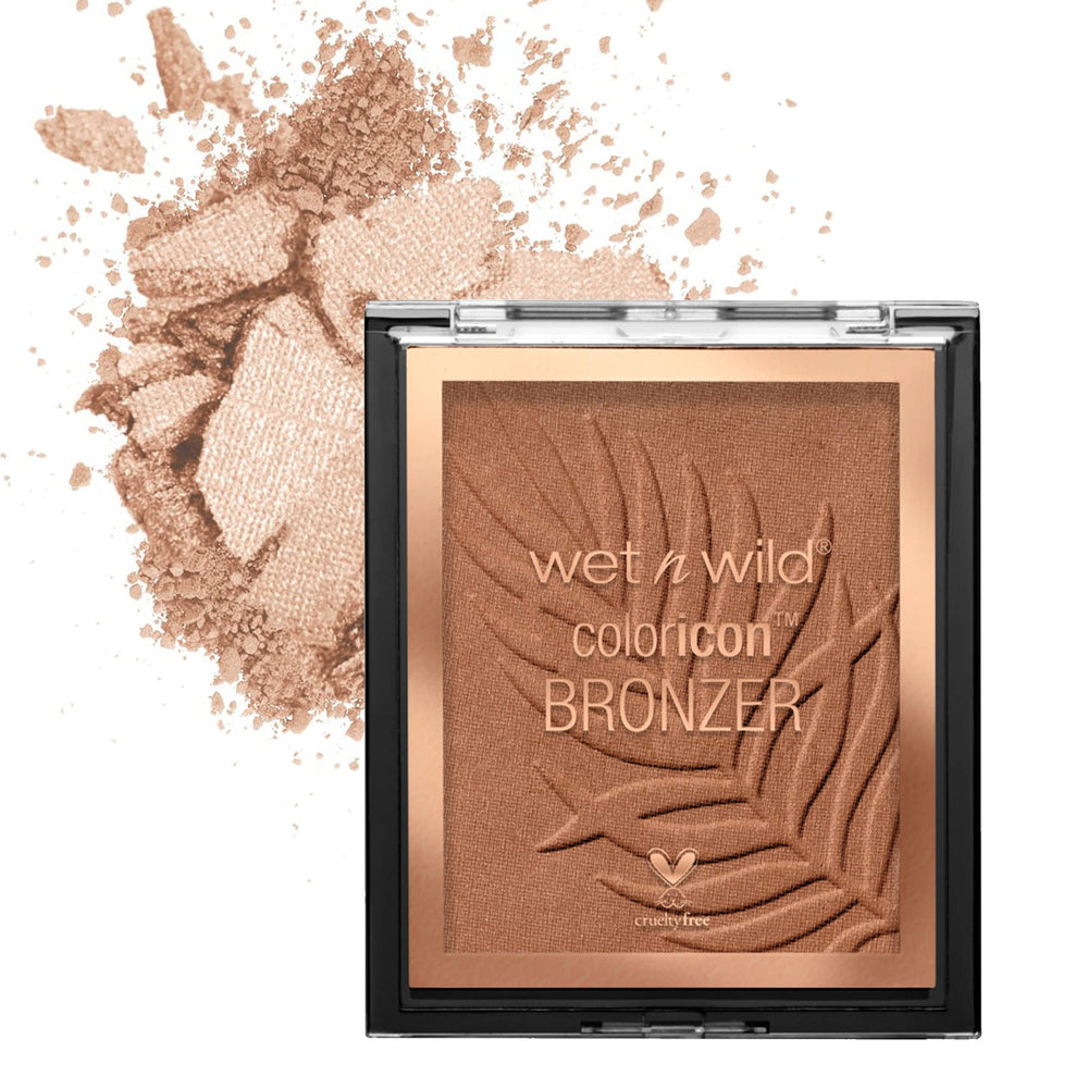 wet n wild Color Icon Bronzer What Shady Beaches bottle shows gel-infused glow for sun-kissed look.