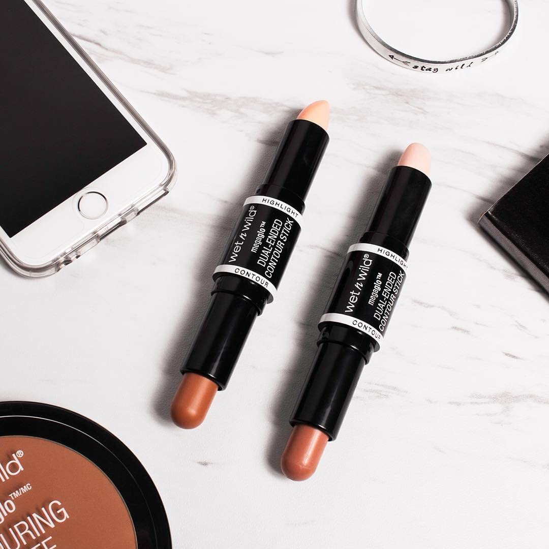 Wet n Wild MegaGlo contour stick adds highlighter glow to cheekbones.
