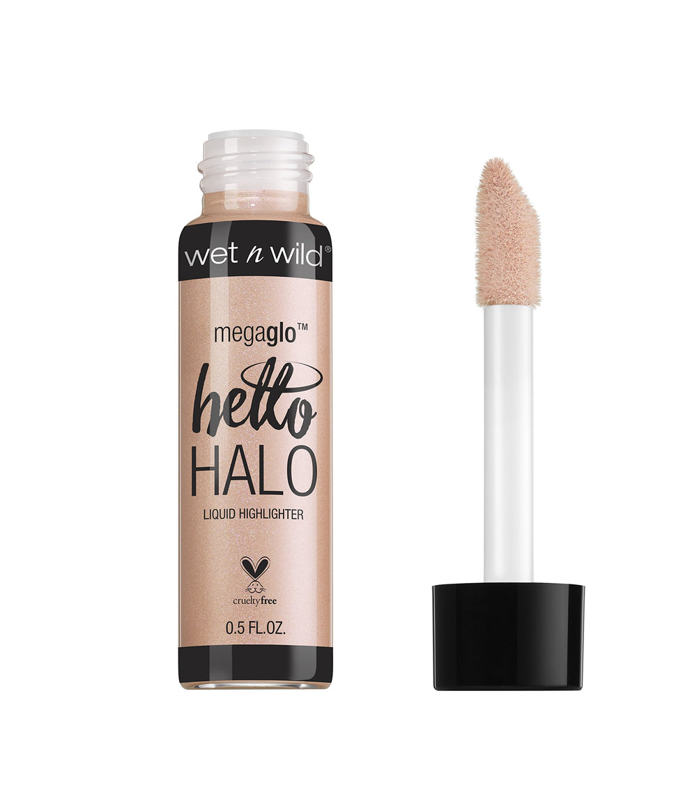 Iluminador Wet n Wild MegaGlo Hello Halo, botella rosado dorado para un brillo radiante.