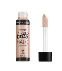 Iluminador Wet n Wild MegaGlo Hello Halo, botella rosado dorado para un brillo radiante.