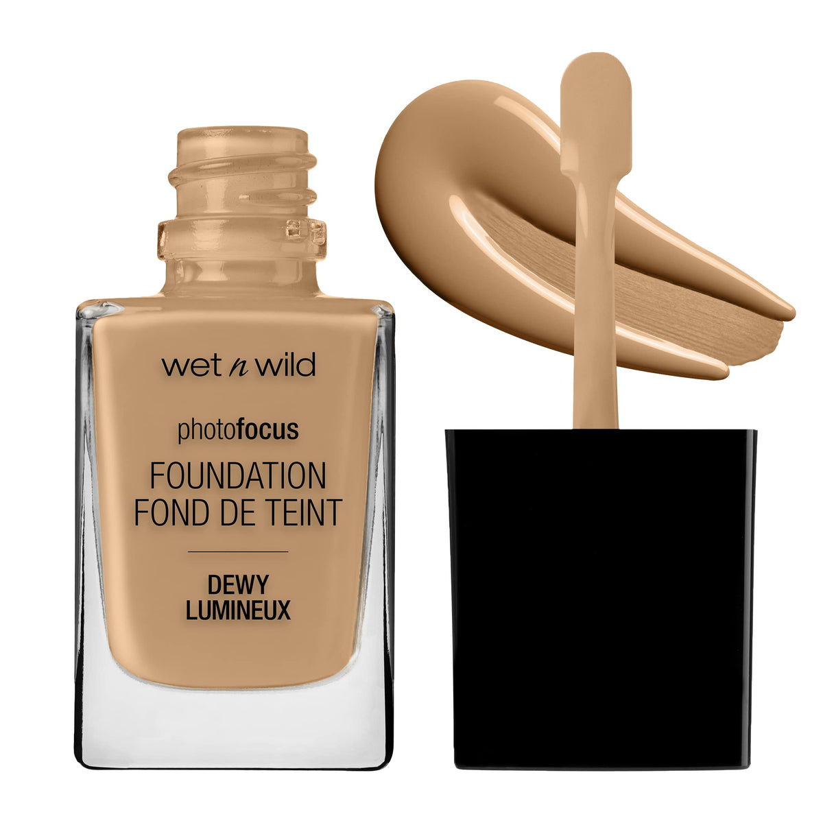 wet n wild Photo Focus Dewy Liquid Foundation Amber Beige bottle shows radiant finish