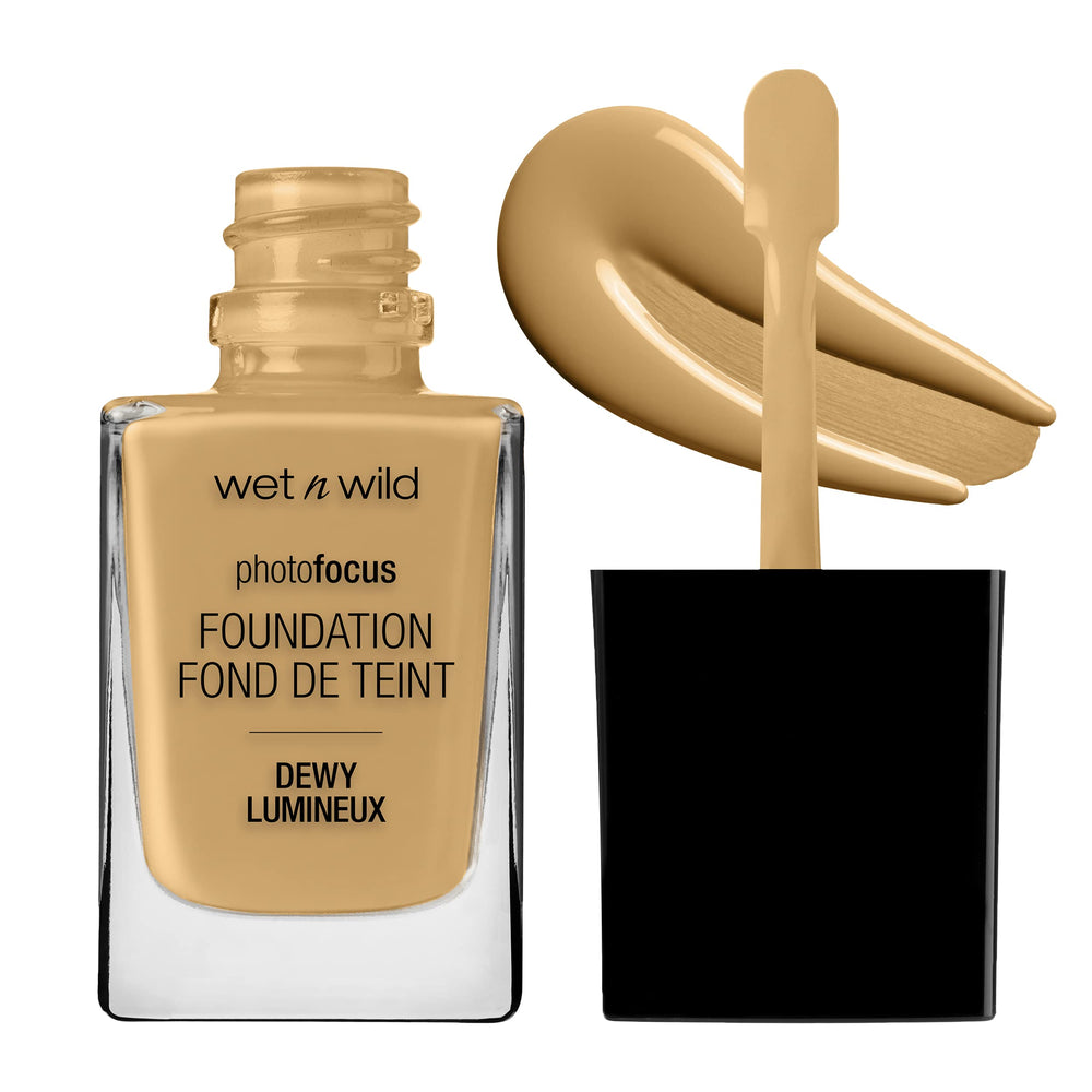 Wet n Wild Photo Focus Dewy Liquid Foundation Desert Beige bottle showcases shade and radiant glow.