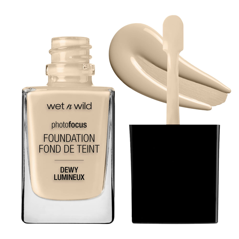 Wet n Wild Photo Focus Dewy Liquid Foundation Porcelain bottle closeup for radiant skin