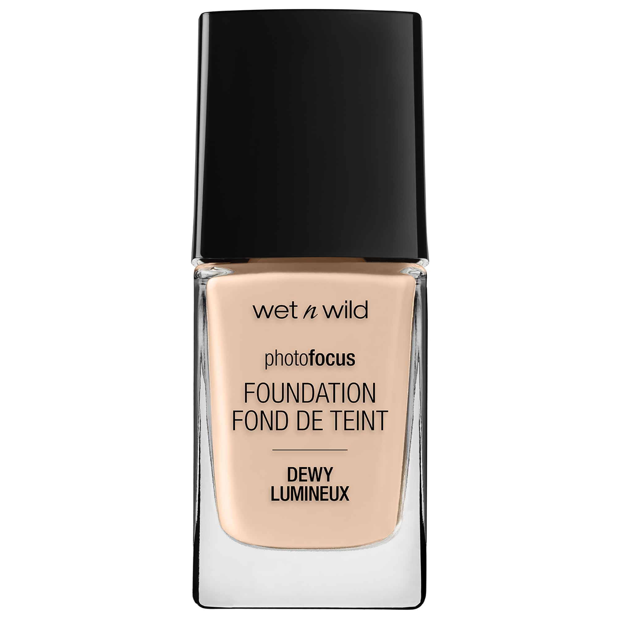 Wet n Wild foundation pump bottle highlights dewy finish and smooth skin appearance.