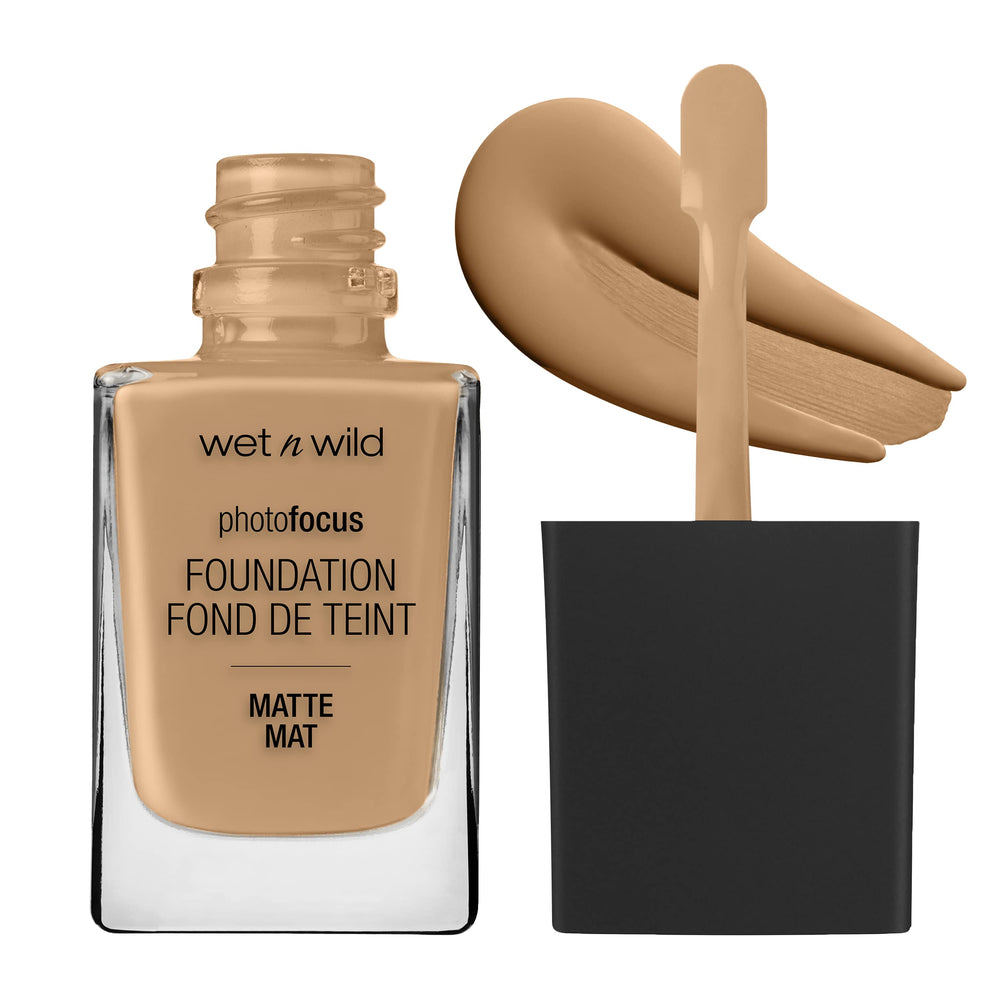 wet n wild Photo Focus Matte Foundation Desert Beige bottle under soft lighting for accurate color.