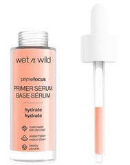 Prime Focus Primer Serum de wet n wild, botella hidratante prepara la piel para maquillaje duradero.