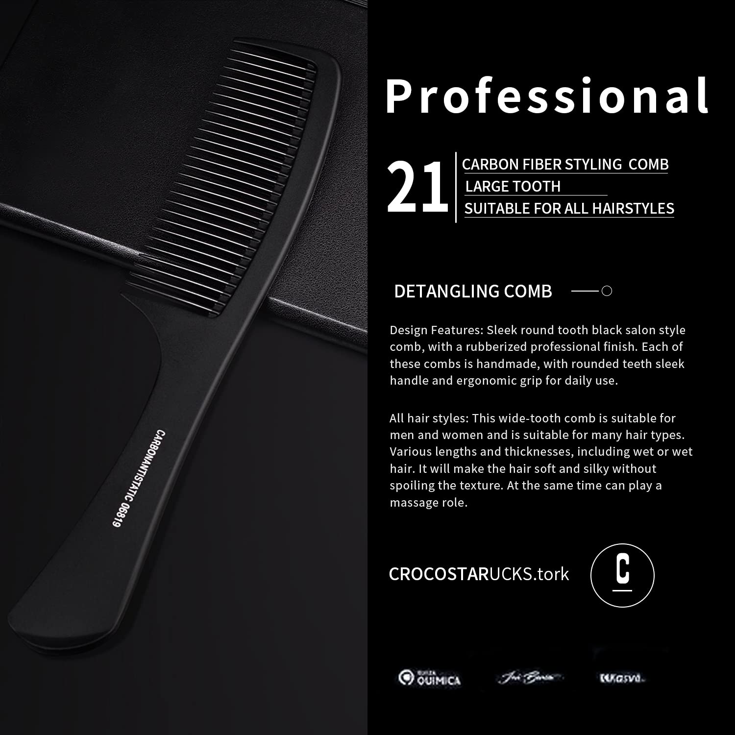 WEXNECOWKZ round-tooth professional hair comb designed for smooth detangling.
