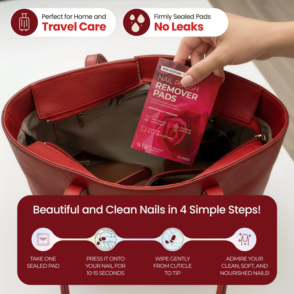 WGF nail-care pad, individual wrappers prevent leaks and maintain fragrance.