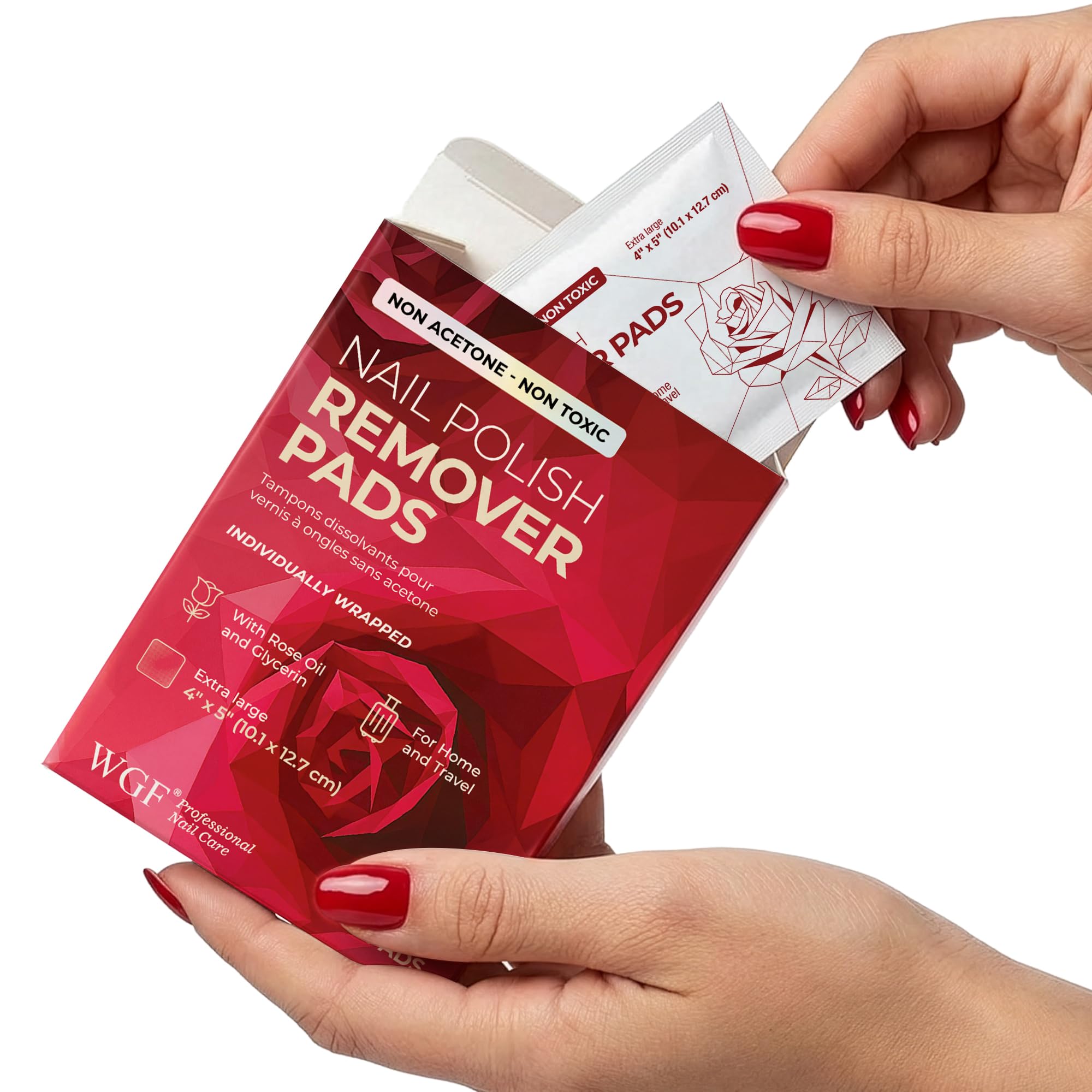 WGF Nail Polish Remover Pad packaging close-up, purse-ready and non-acetone.