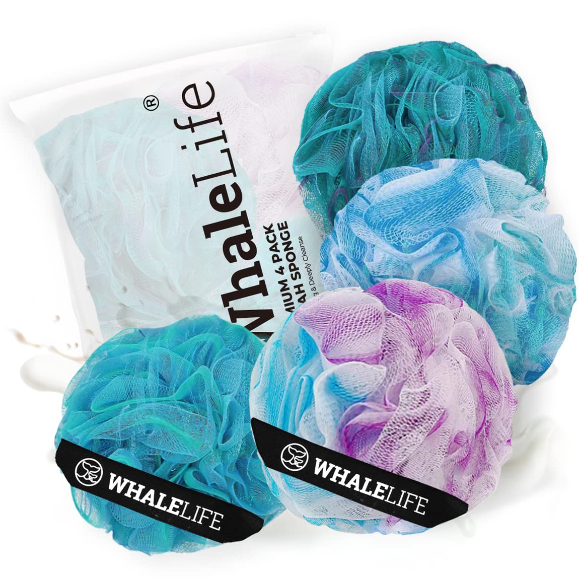 WhaleLife lufa-ducha azul, conjunto de 4, crea espuma rica para la higiene diaria