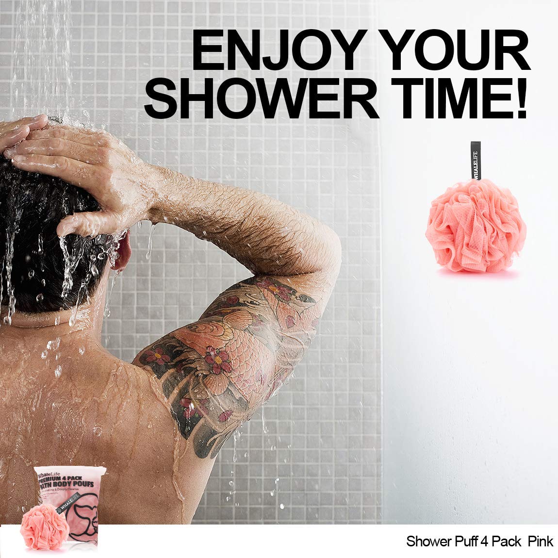 WhaleLife uso familiar esponja rosa para duchas diarias en casa.