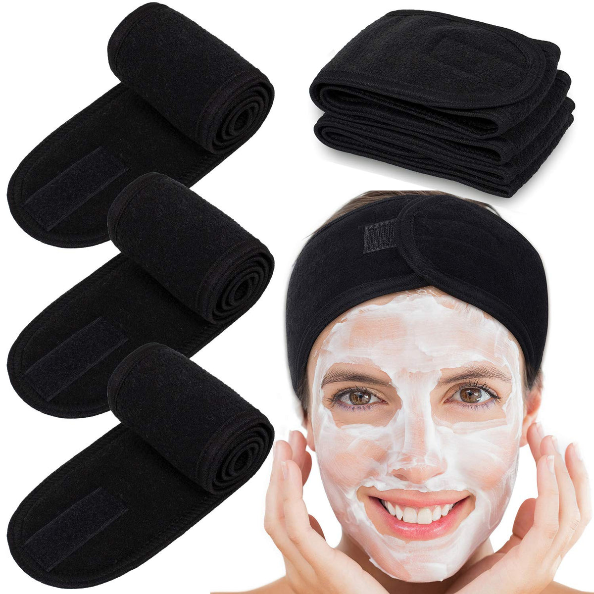 Whaline spa facial headband terry cloth black for skincare routines.