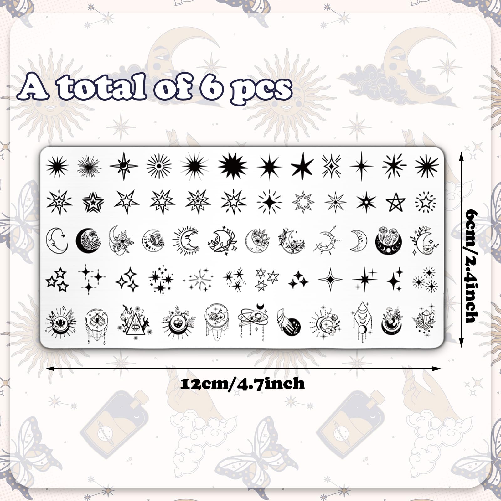 Whaline sun moon star nail plate set for celestial motifs in festive nail art.