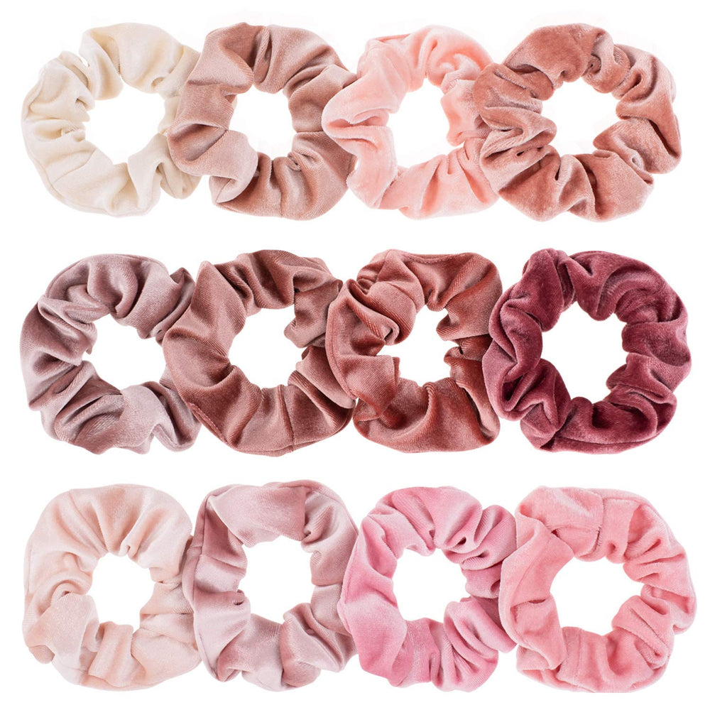 Whaline velvet scrunchies in pink, 12-piece pack with soft texture for versatile styling