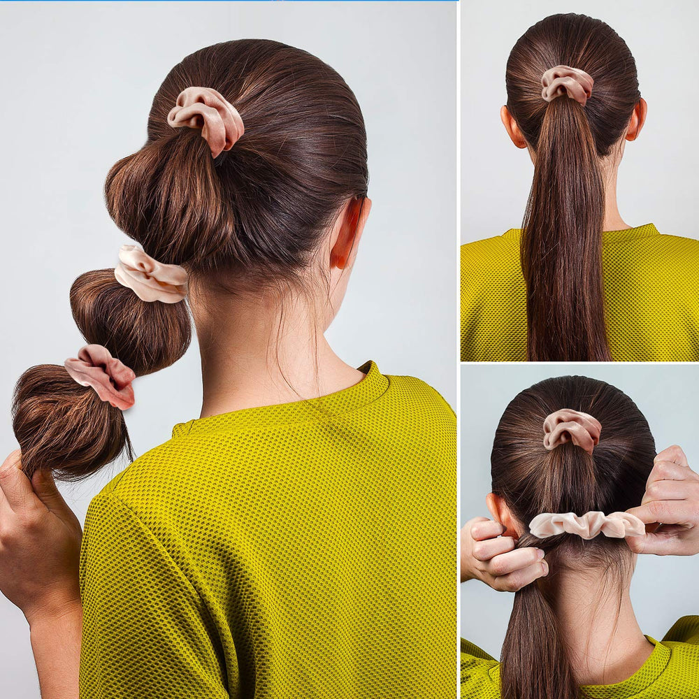 Whaline pink velvet scrunchies worn in a bun for everyday elegance