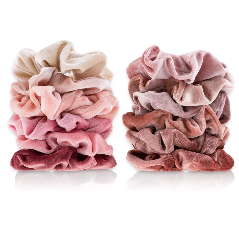Whaline velvet scrunchies in pink showing elastic stretch for various hair types