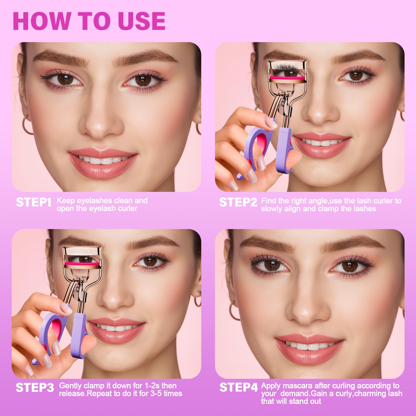 Whalrace eyelash curler ergonomic design in hand, steady control
