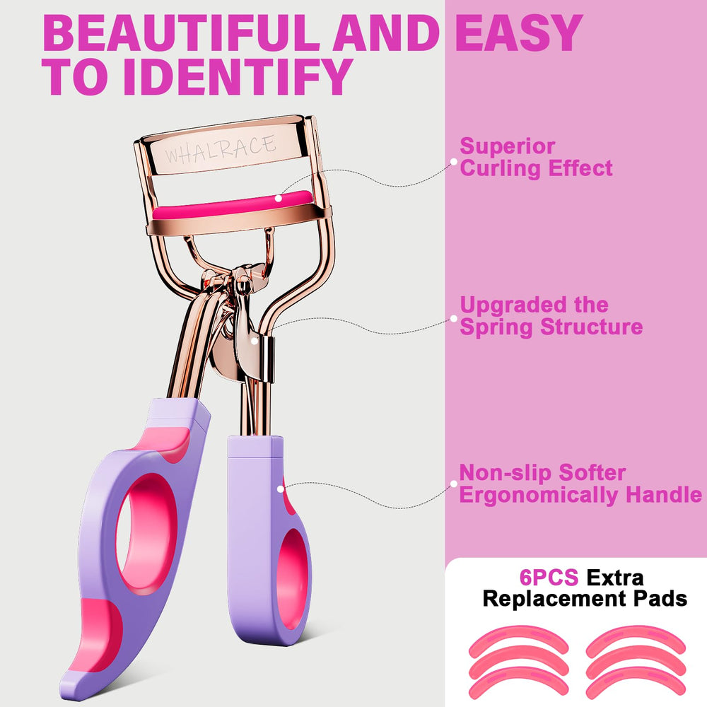 Whalrace eyelash curler purple handle view, ergonomic grip for comfortable use