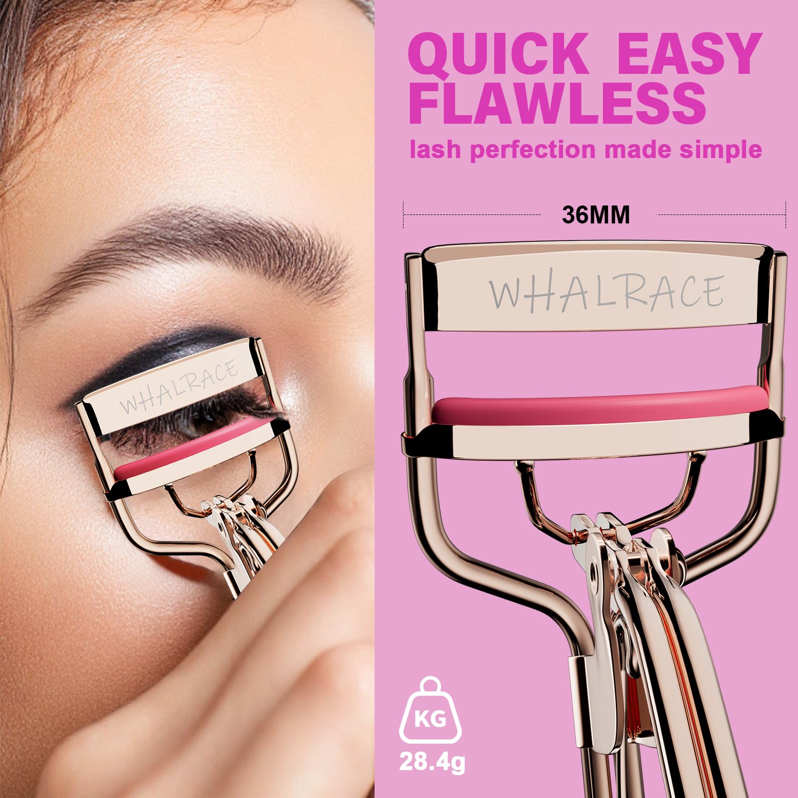 Whalrace eyelash curler red pads close-up, gentle clamping with silicone pads